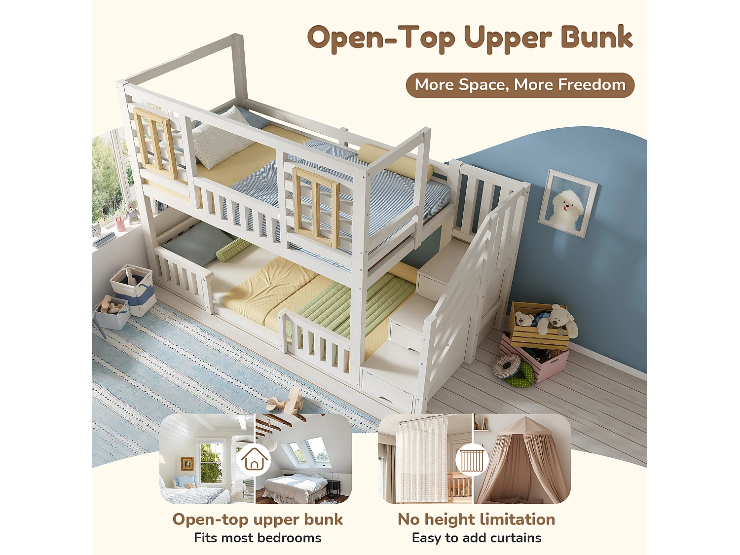 Bunk bed 90x19cm - with wooden windows - with storage ladder - White + Natural (mattress not included)