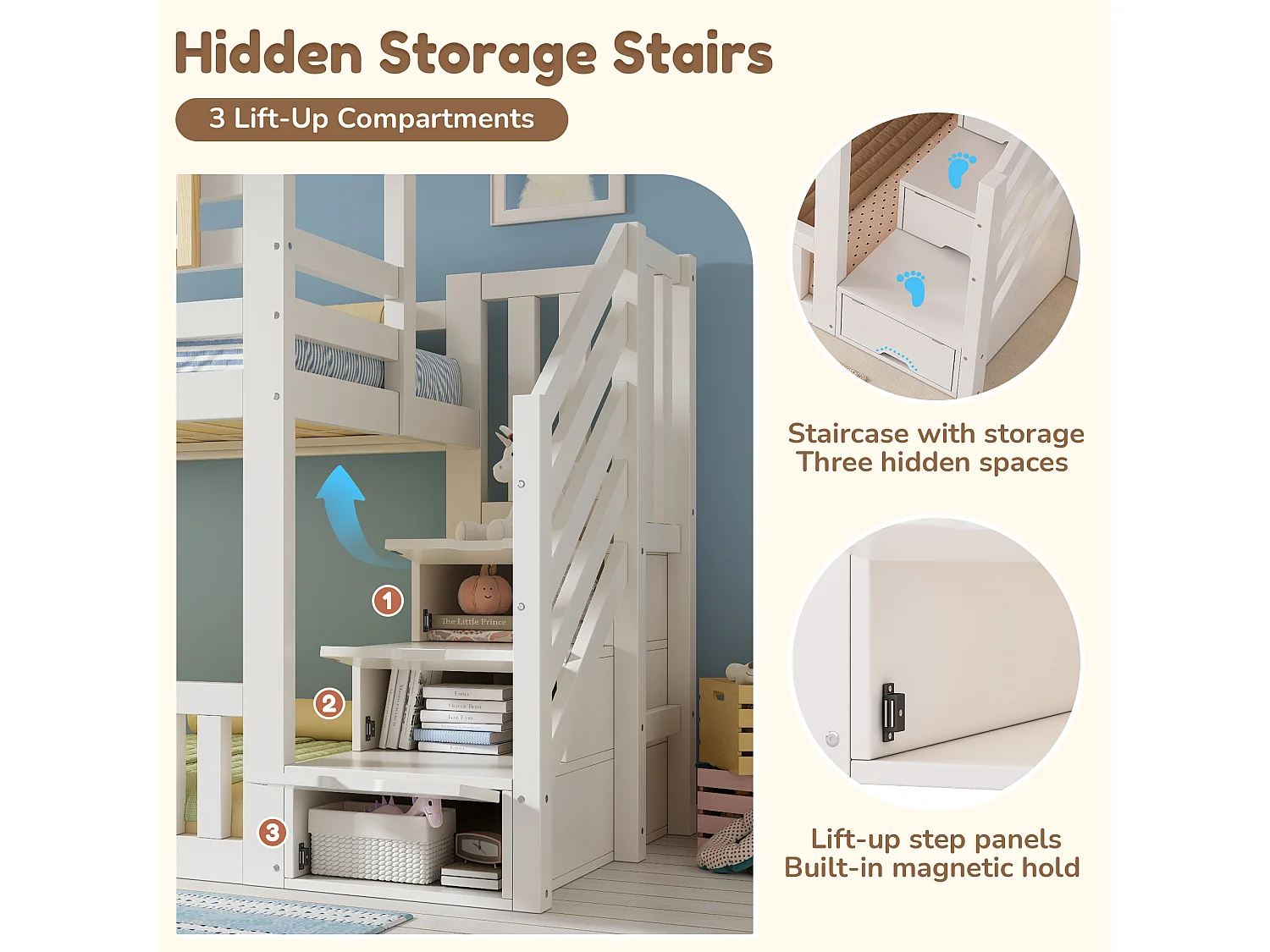 Bunk bed 90x19cm - with wooden windows - with storage ladder - White + Natural (mattress not included)