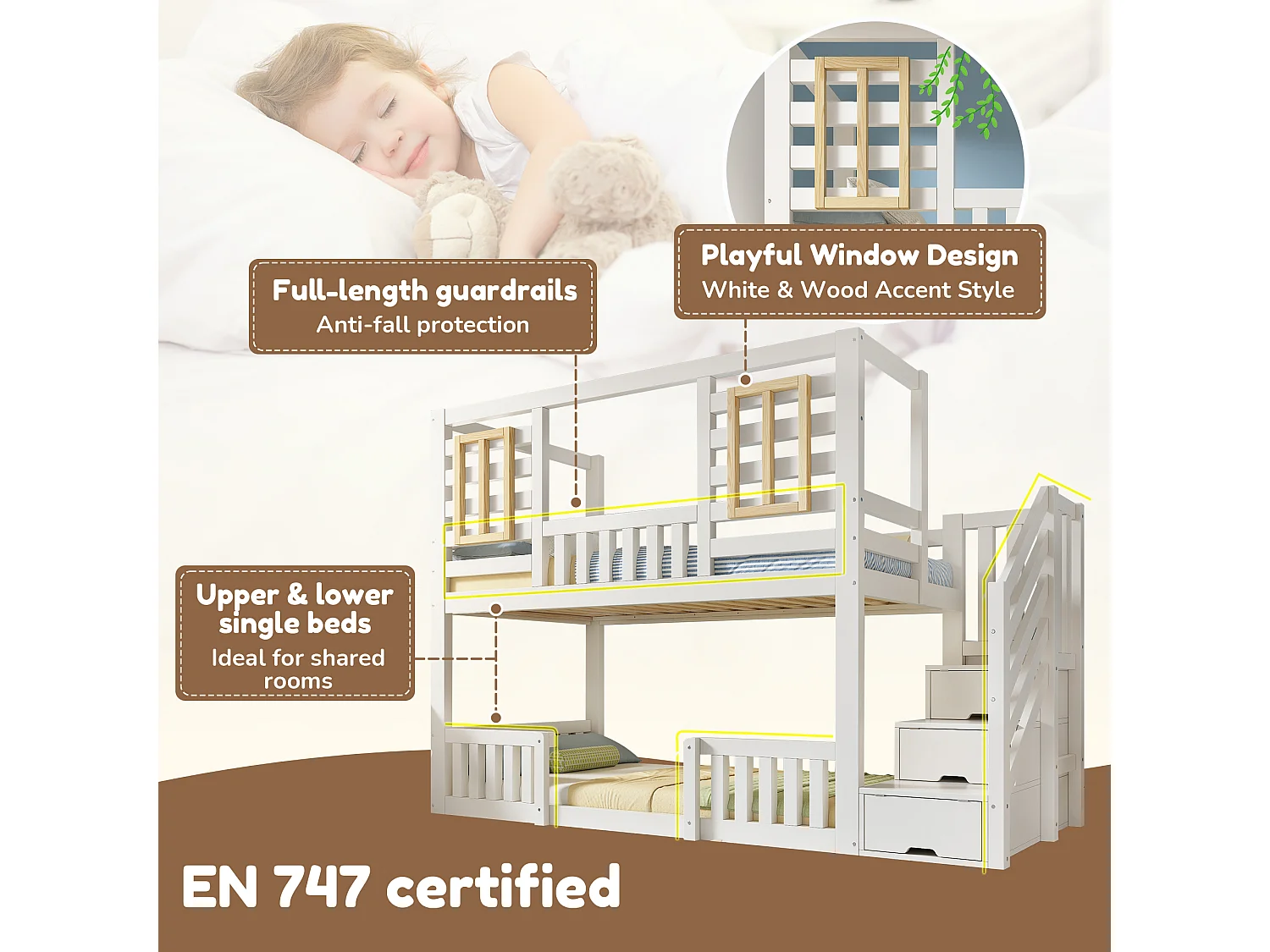 Bunk bed 90x19cm - with wooden windows - with storage ladder - White + Natural (mattress not included)