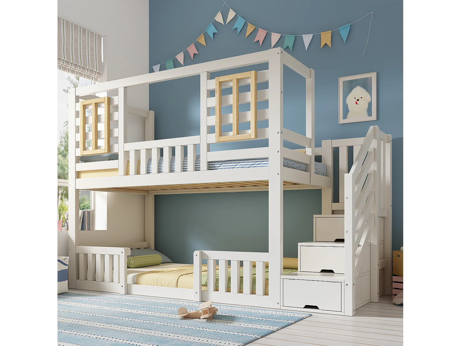 Bunk bed 90x19cm - with wooden windows - with storage ladder - White + Natural (mattress not included)