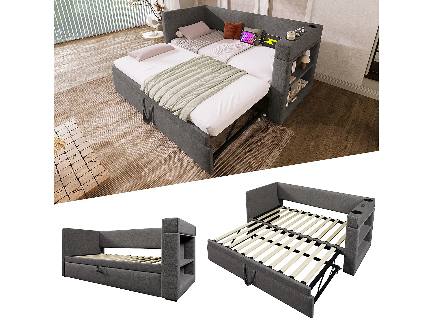 Upholstered daybed 90x200 cm - with pull-out bed 90x200 cm - with USB and Type-C ports - with cup holder - Grey (mattress not included)