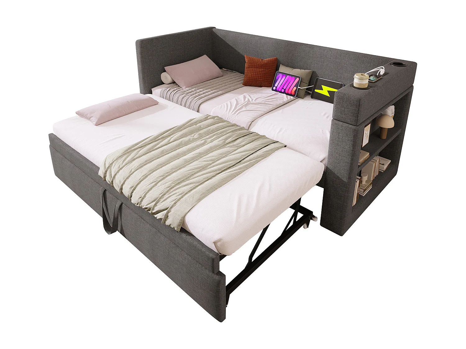 Upholstered daybed 90x200 cm - with pull-out bed 90x200 cm - with USB and Type-C ports - with cup holder - Grey (mattress not included)