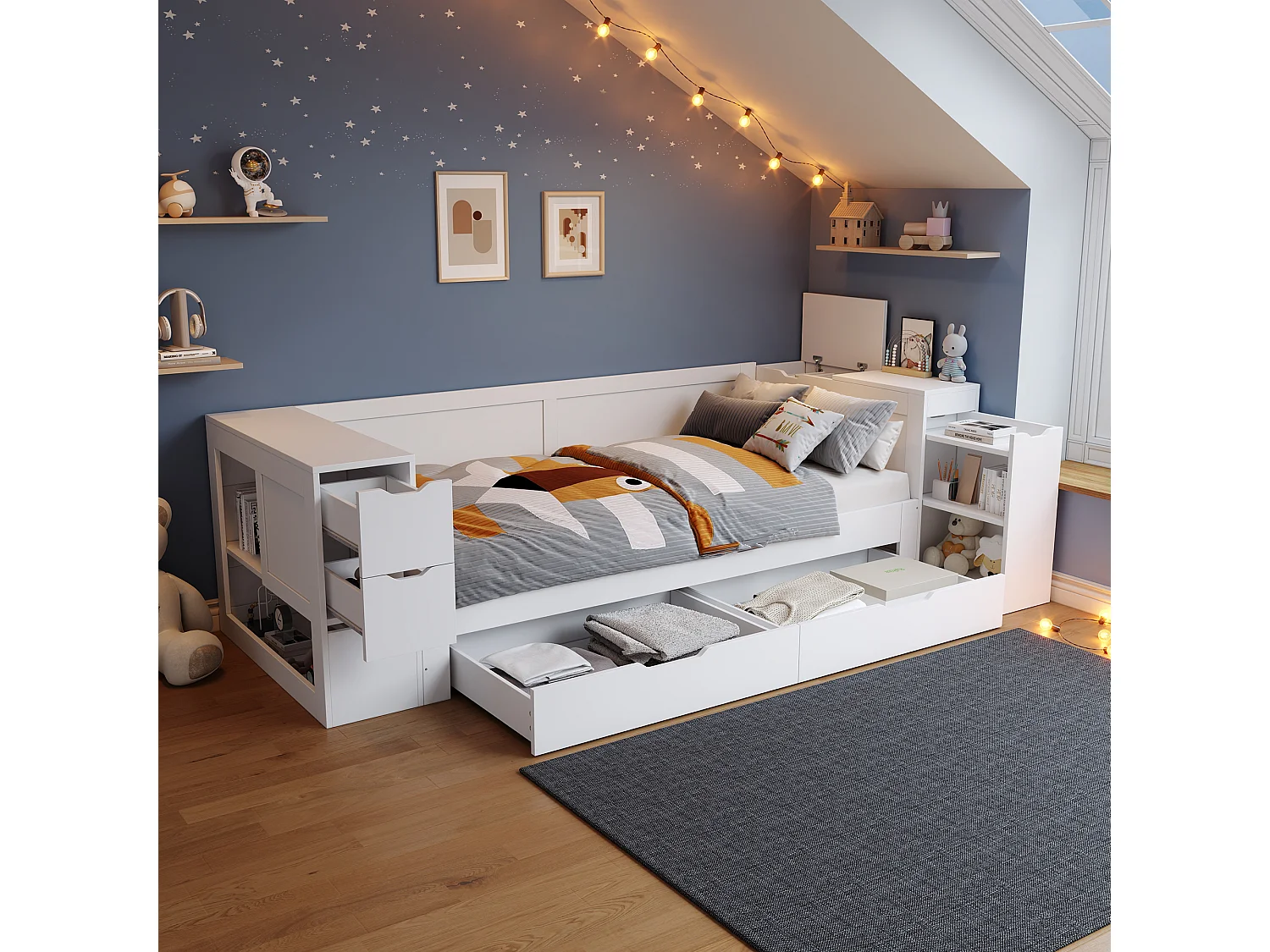 Children's sofa bed 90x190cm - with drawers, shelves and storage space - MDF - White (mattress not included)