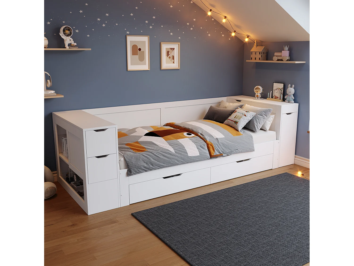 Children's sofa bed 90x190cm - with drawers, shelves and storage space - MDF - White (mattress not included)