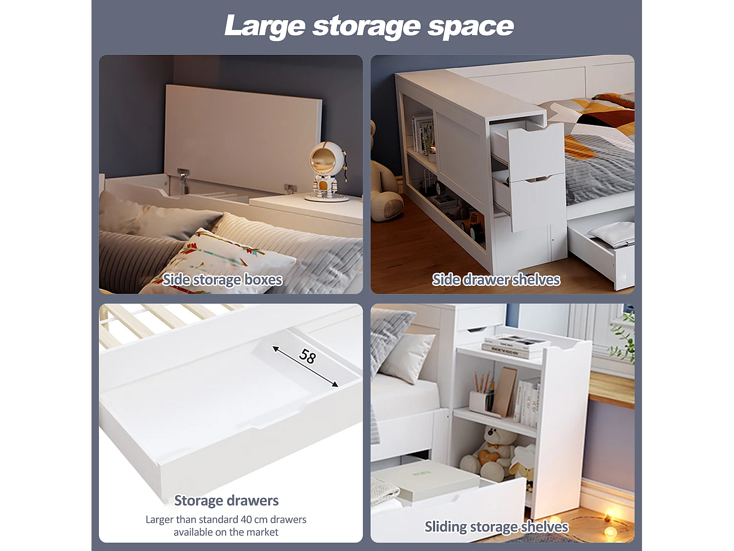 Children's sofa bed 90x190cm - with drawers, shelves and storage space - MDF - White (mattress not included)