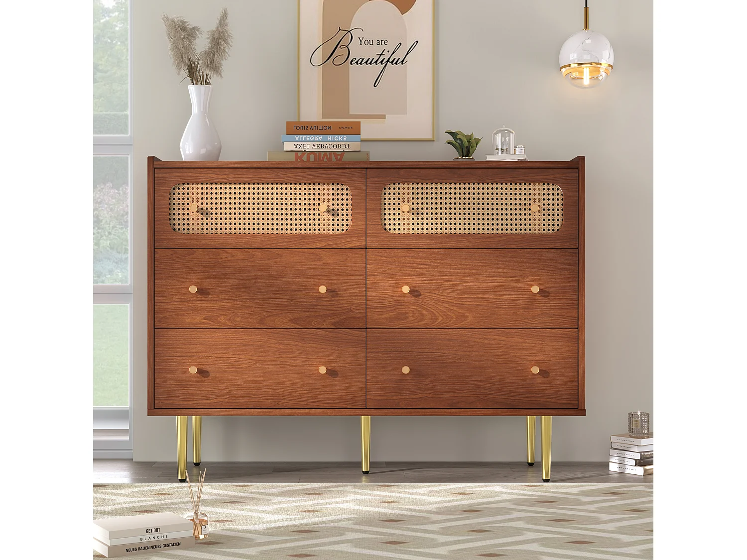 Low rattan sideboard with 6 drawers - brown