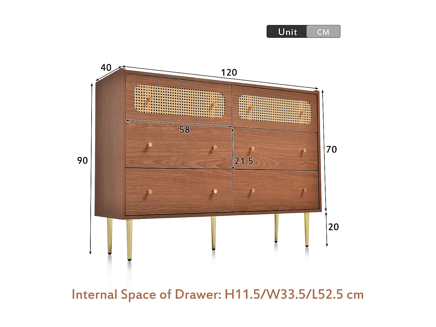 Low rattan sideboard with 6 drawers - brown