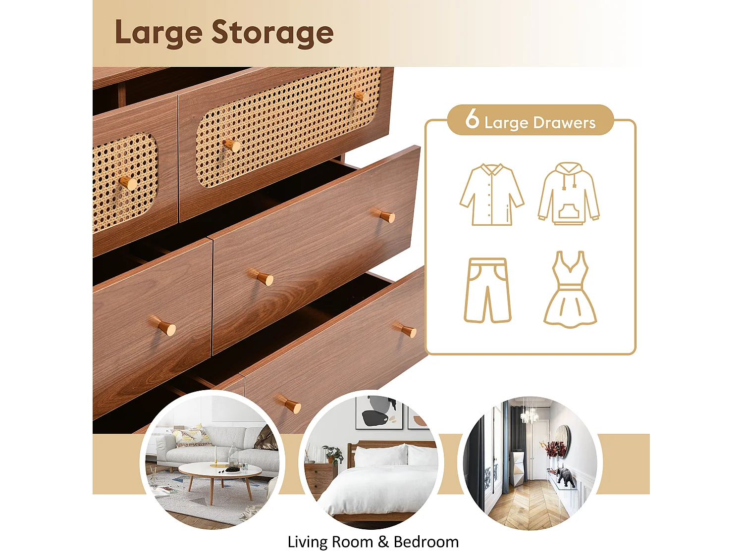 Low rattan sideboard with 6 drawers - brown