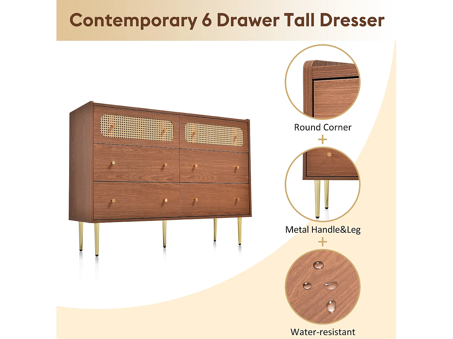 Low rattan sideboard with 6 drawers - brown