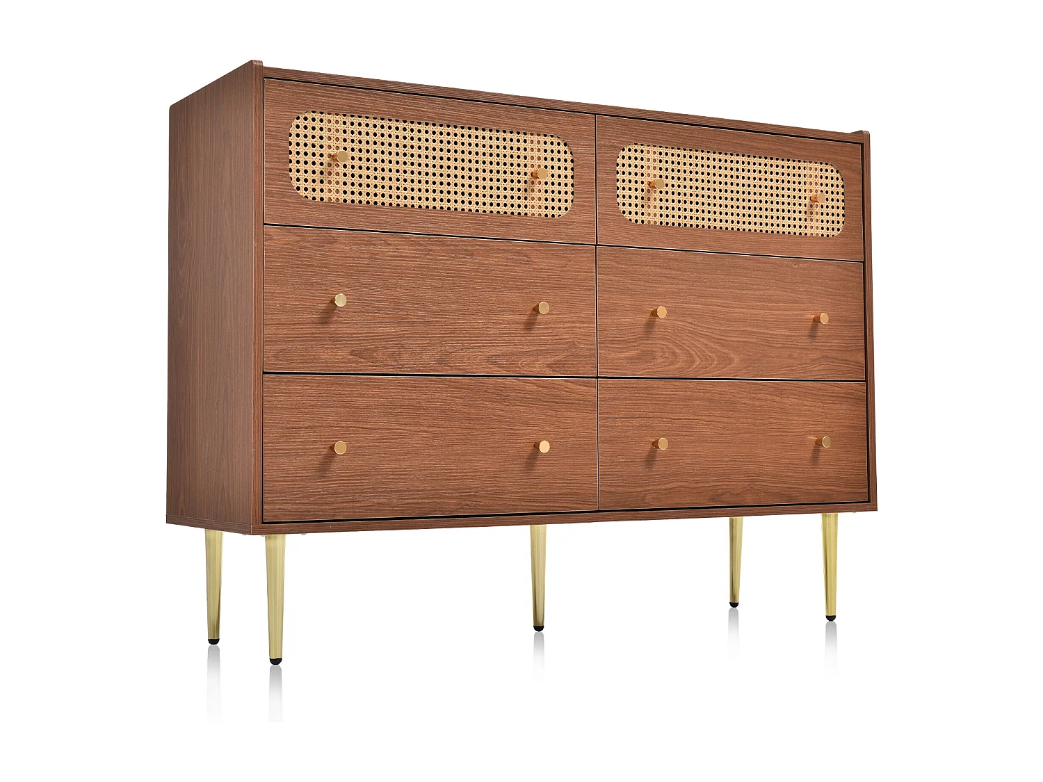Low rattan sideboard with 6 drawers - brown