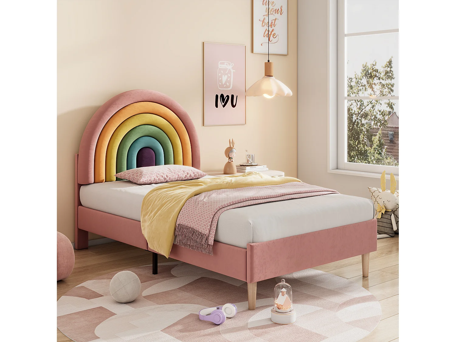 Children's Velvet Bed - 90x200cm - with Adjustable Colorful Headboard - Pink