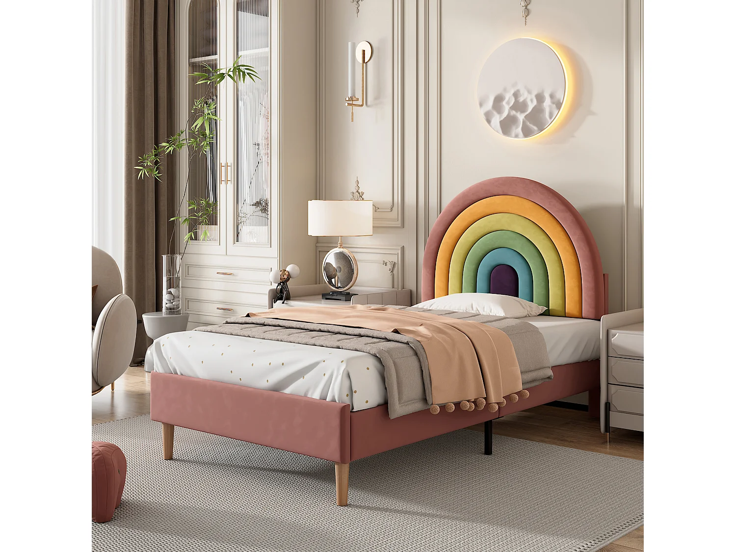 Children's Velvet Bed - 90x200cm - with Adjustable Colorful Headboard - Pink
