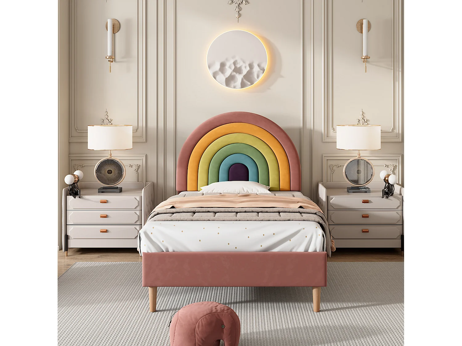 Children's Velvet Bed - 90x200cm - with Adjustable Colorful Headboard - Pink