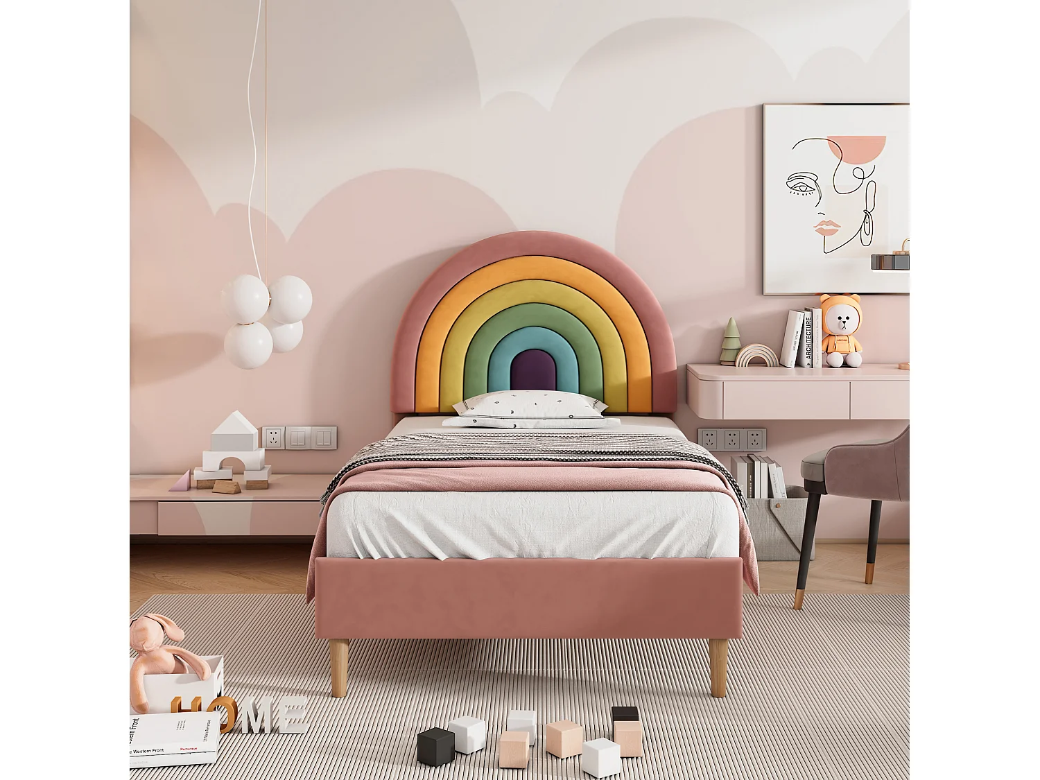 Children's Velvet Bed - 90x200cm - with Adjustable Colorful Headboard - Pink