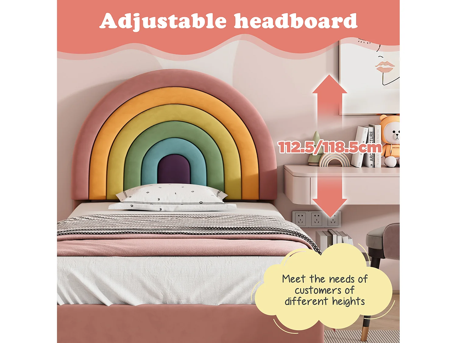 Children's Velvet Bed - 90x200cm - with Adjustable Colorful Headboard - Pink