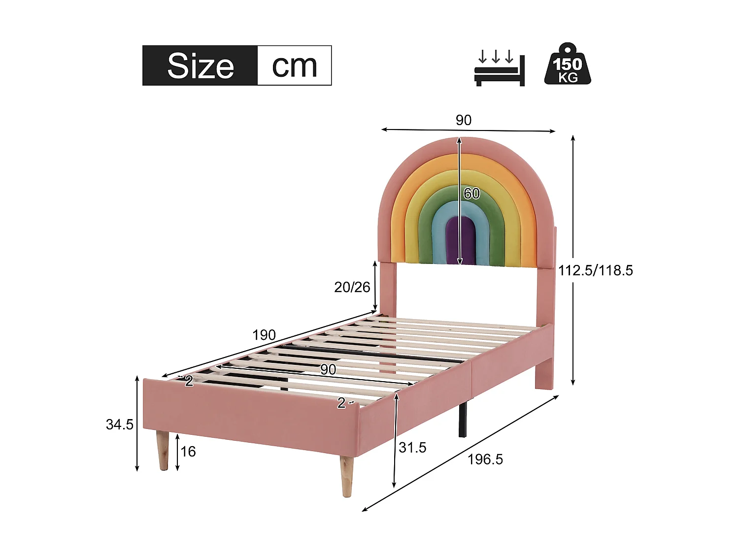 Children's Velvet Bed - 90x200cm - with Adjustable Colorful Headboard - Pink