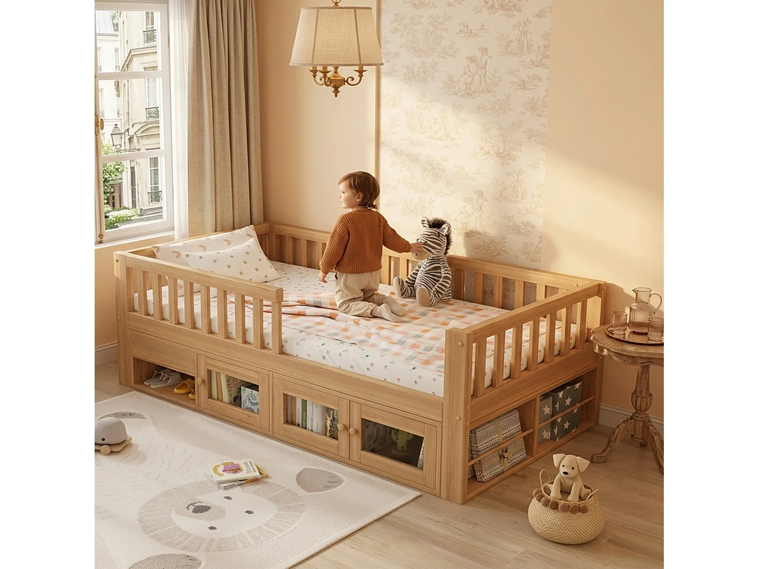 Lit enfant en bois 90x200cm - avec barrières de sécurité, espace de rangement et sommier à lattes - Naturel