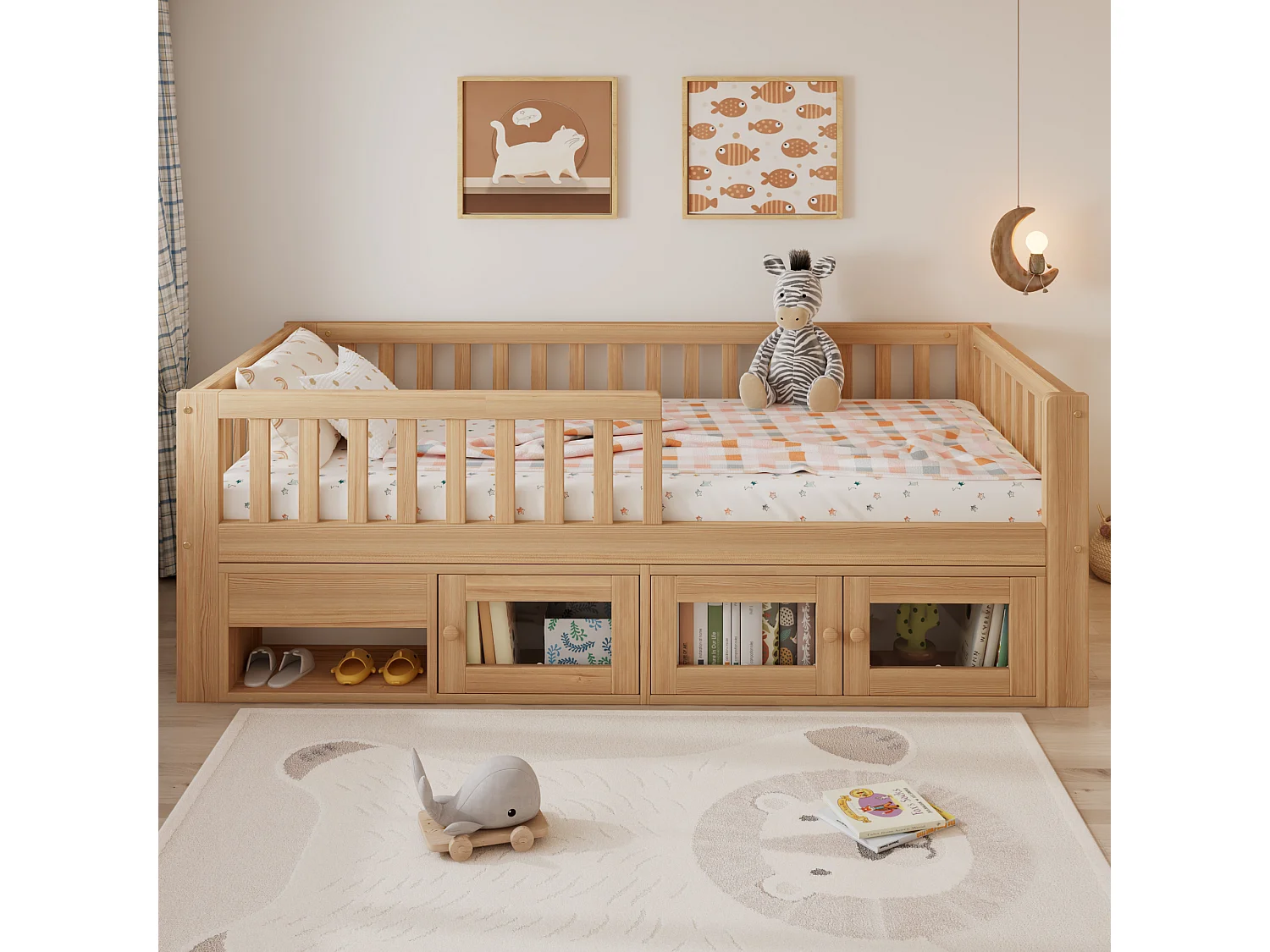 Lit enfant en bois 90x200cm - avec barrières de sécurité, espace de rangement et sommier à lattes - Naturel