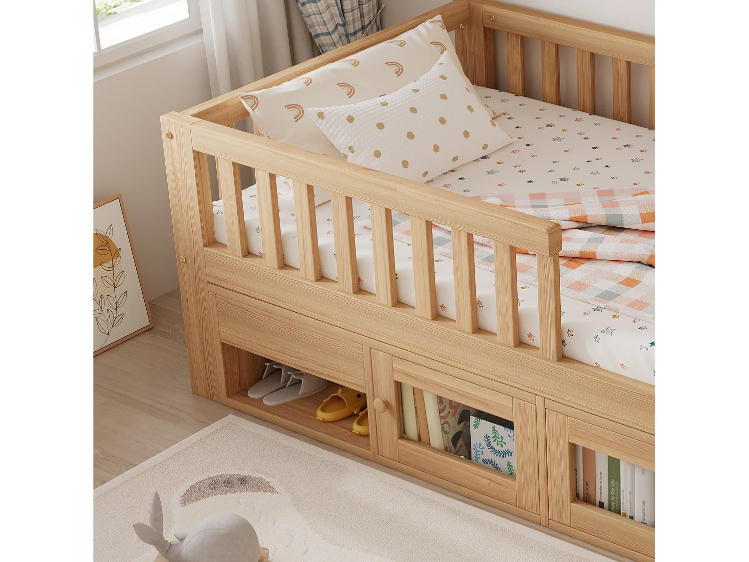 Lit enfant en bois 90x200cm - avec barrières de sécurité, espace de rangement et sommier à lattes - Naturel