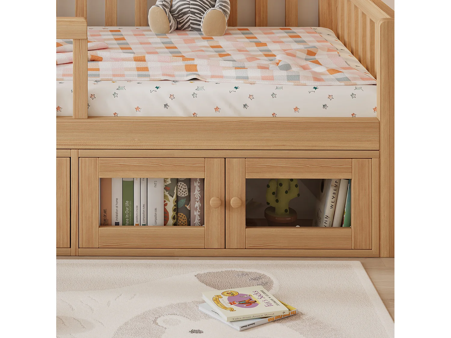 Lit enfant en bois 90x200cm - avec barrières de sécurité, espace de rangement et sommier à lattes - Naturel