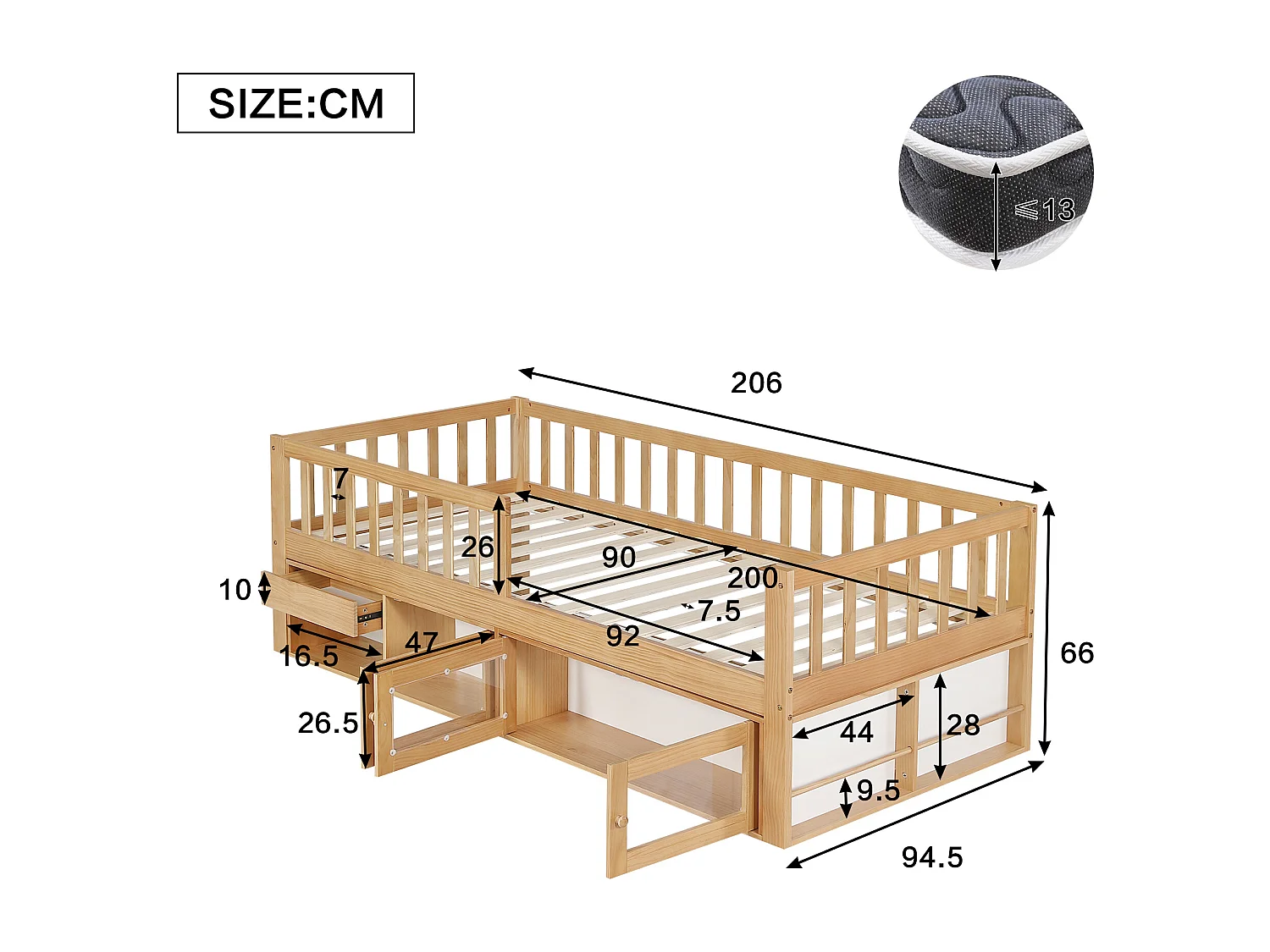 Lit enfant en bois 90x200cm - avec barrières de sécurité, espace de rangement et sommier à lattes - Naturel