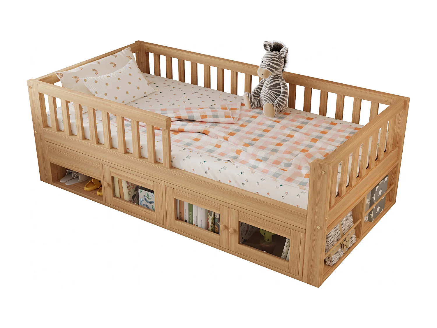 Lit enfant en bois 90x200cm - avec barrières de sécurité, espace de rangement et sommier à lattes - Naturel