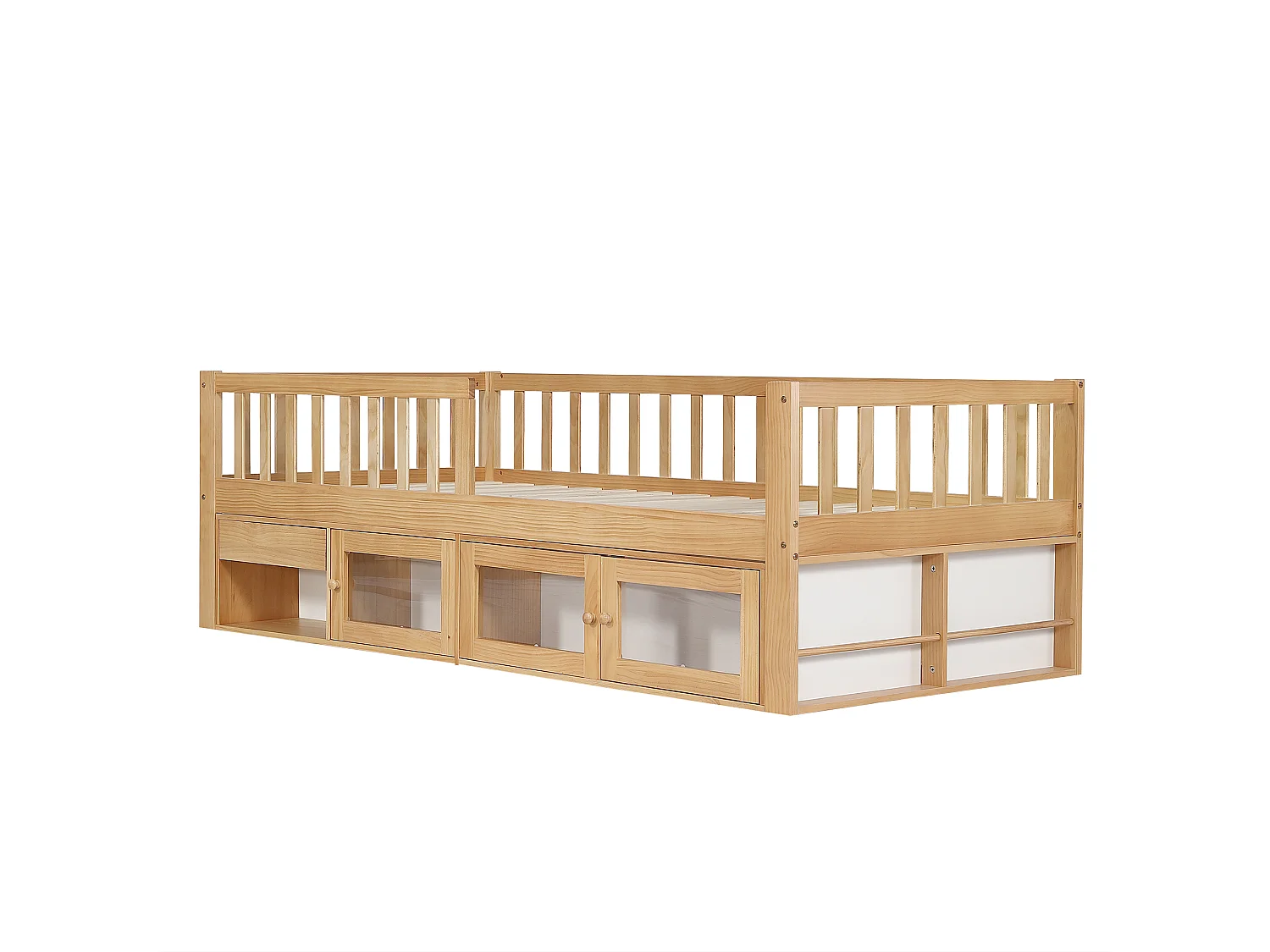 Lit enfant en bois 90x200cm - avec barrières de sécurité, espace de rangement et sommier à lattes - Naturel
