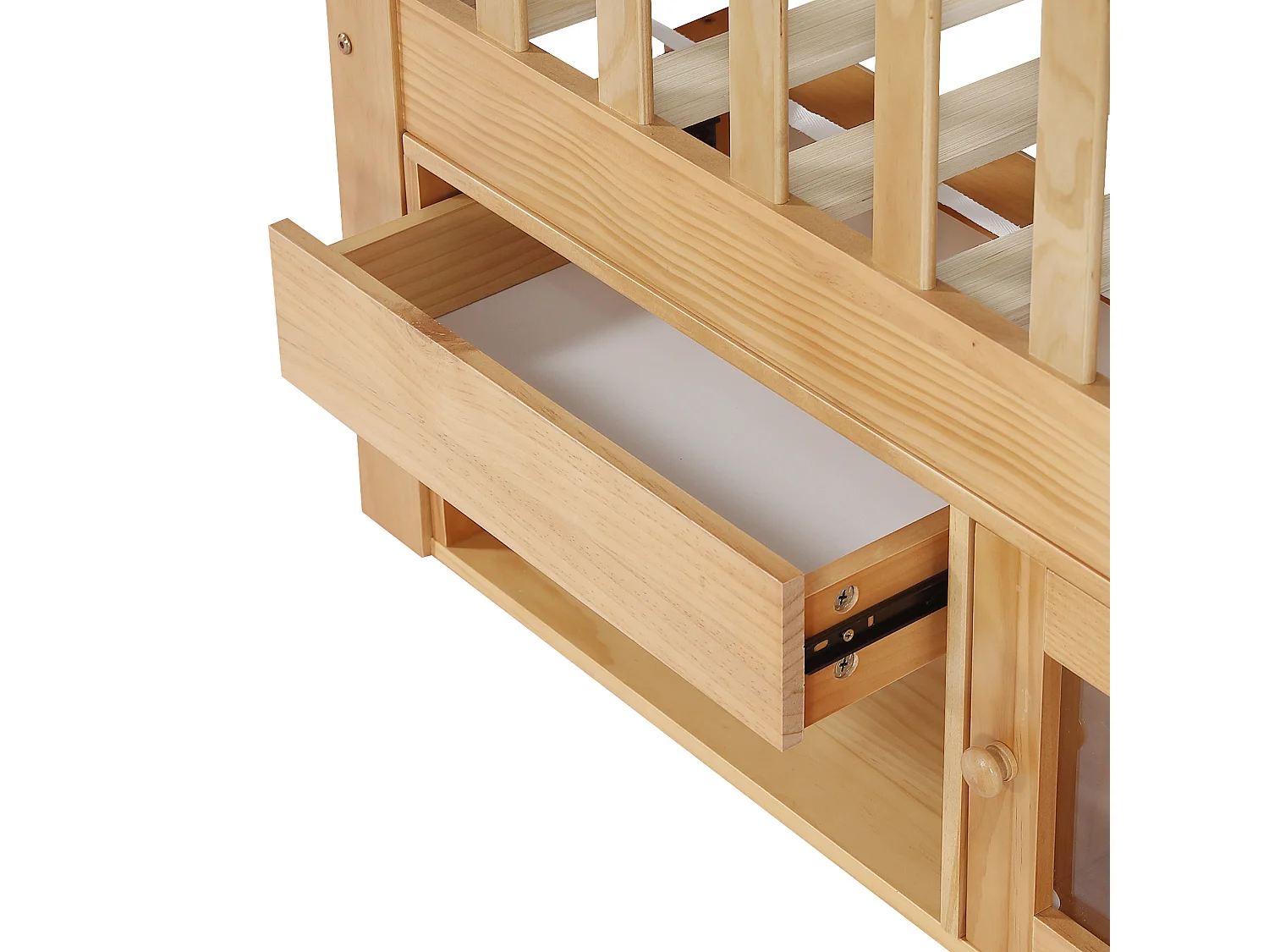 Lit enfant en bois 90x200cm - avec barrières de sécurité, espace de rangement et sommier à lattes - Naturel