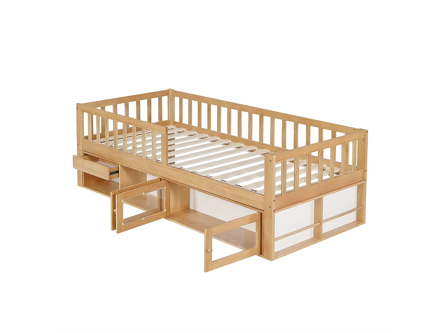 Lit enfant en bois 90x200cm - avec barrières de sécurité, espace de rangement et sommier à lattes - Naturel
