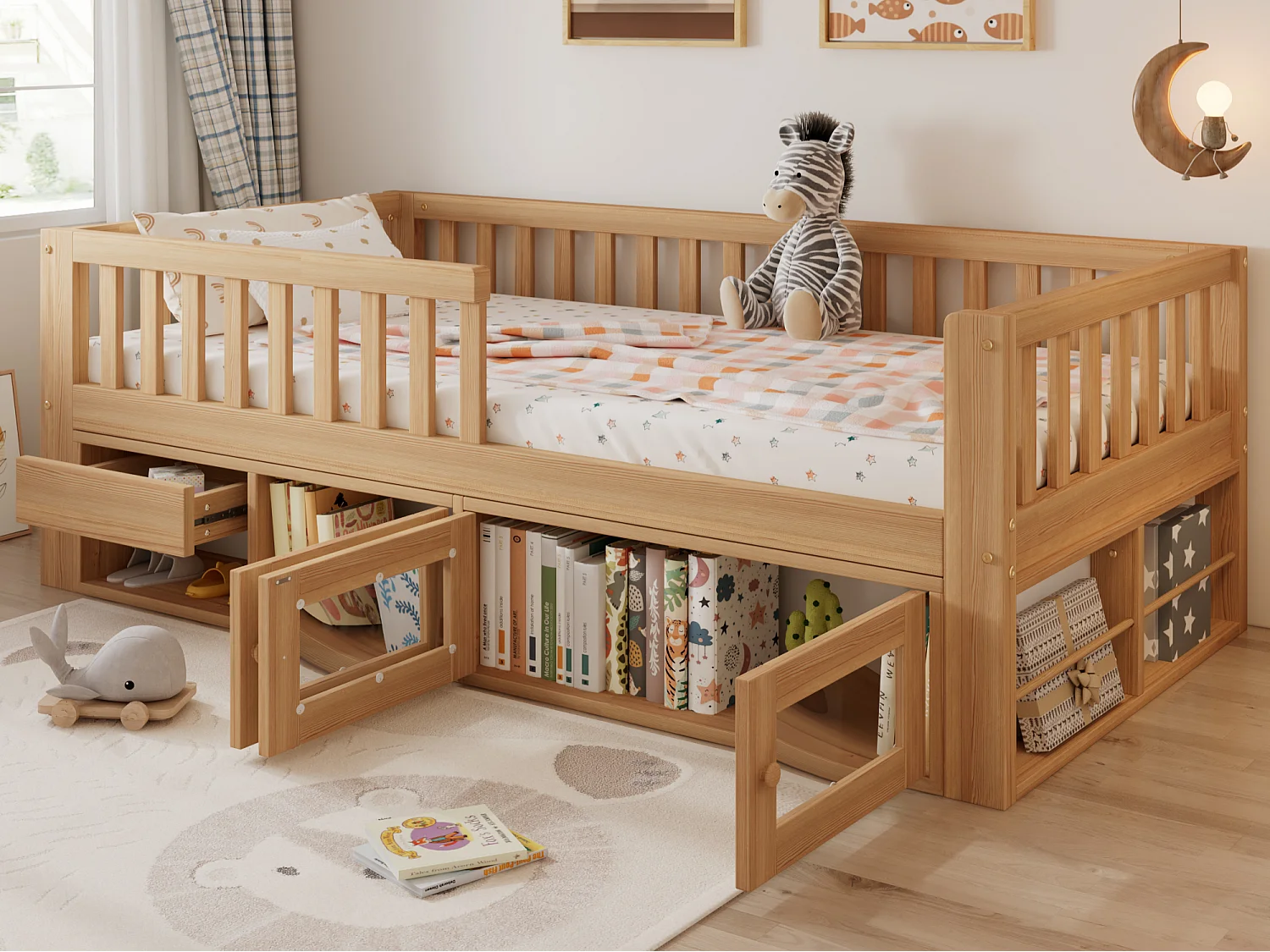 Lit enfant en bois 90x200cm - avec barrières de sécurité, espace de rangement et sommier à lattes - Naturel