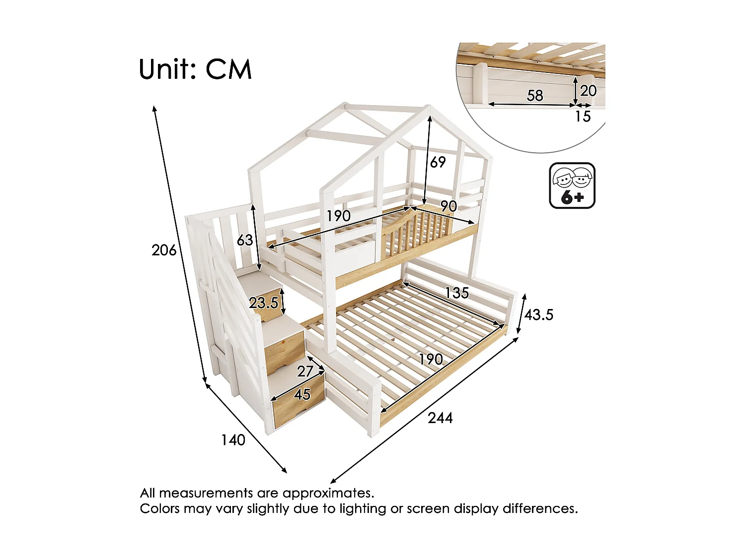 Bunk Bed 90x190cm + 135x190cm - House Design - with Storage Staircase and Shelves - Solid Wood + MDF - White (Mattress Not Included)