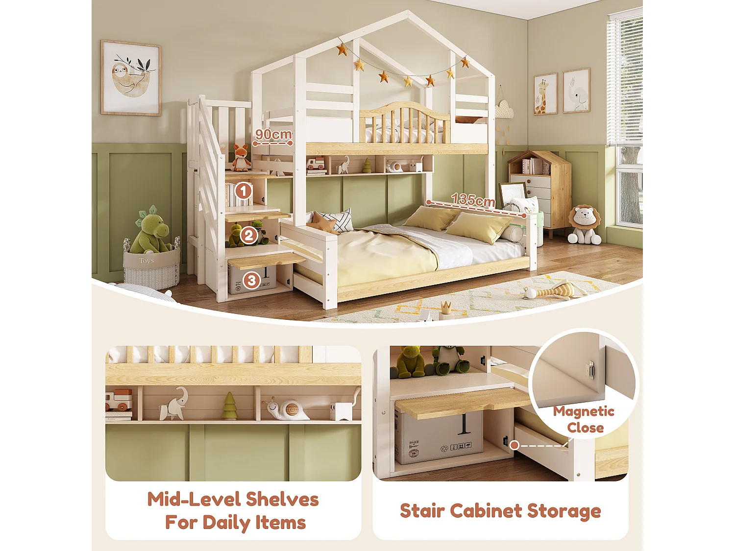 Bunk Bed 90x190cm + 135x190cm - House Design - with Storage Staircase and Shelves - Solid Wood + MDF - White (Mattress Not Included)