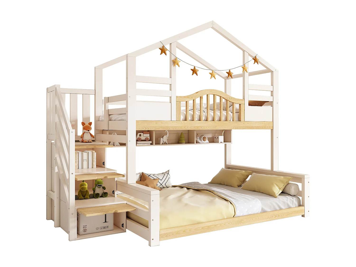 Bunk Bed 90x190cm + 135x190cm - House Design - with Storage Staircase and Shelves - Solid Wood + MDF - White (Mattress Not Included)