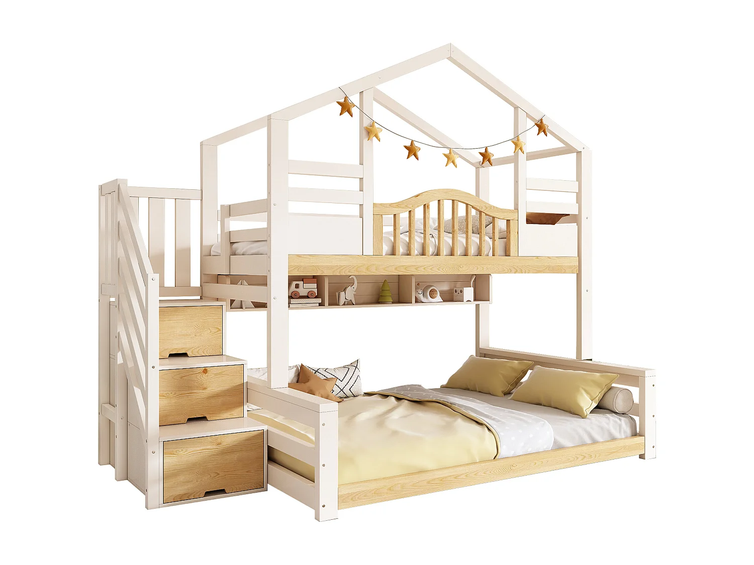 Bunk Bed 90x190cm + 135x190cm - House Design - with Storage Staircase and Shelves - Solid Wood + MDF - White (Mattress Not Included)