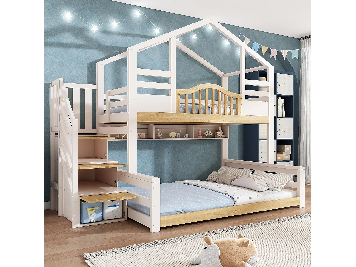 Bunk Bed 90x190cm + 135x190cm - House Design - with Storage Staircase and Shelves - Solid Wood + MDF - White (Mattress Not Included)