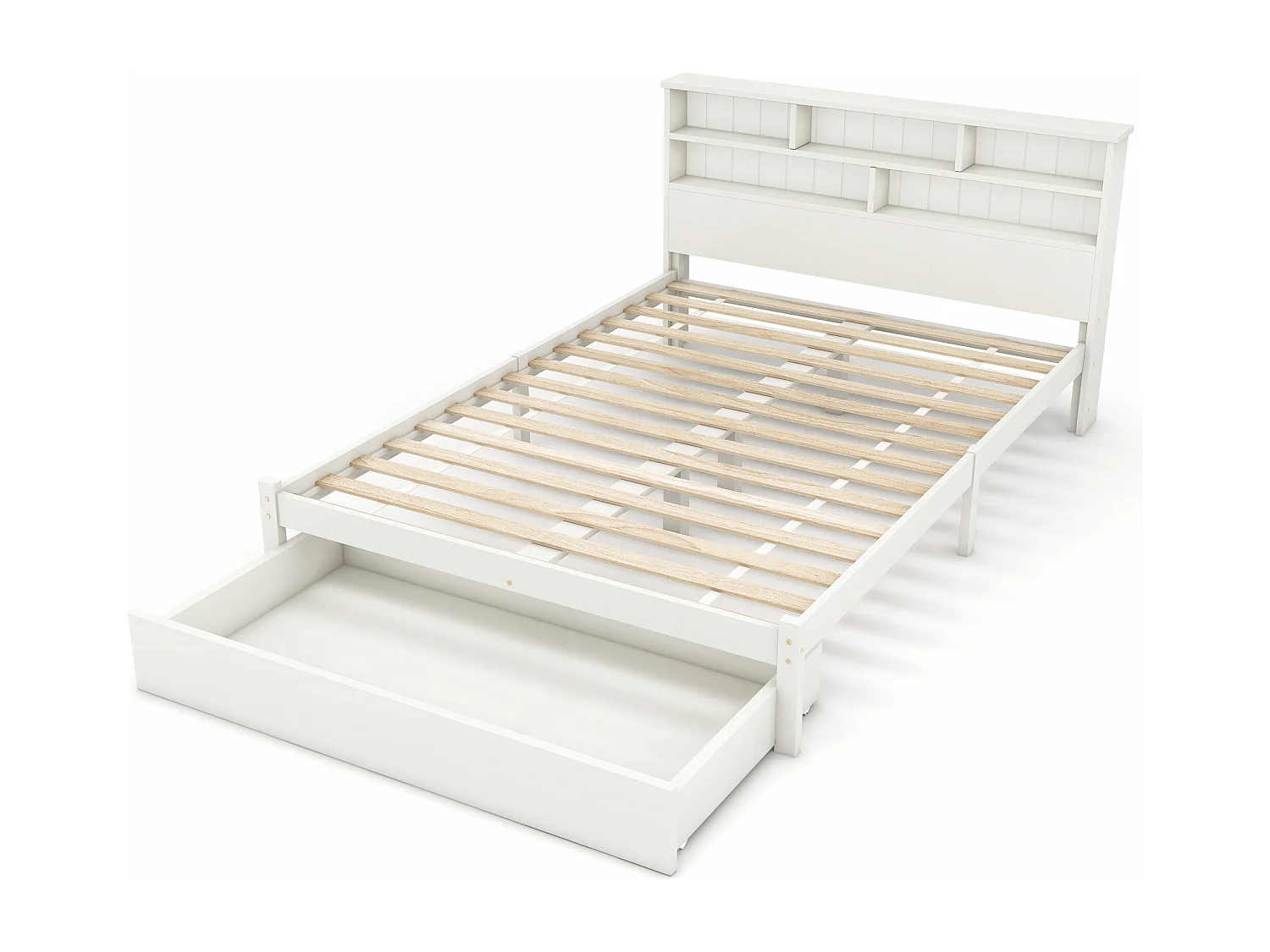 Adult bed with storage headboard + drawer + slatted base - 135x190cm - solid wood - white