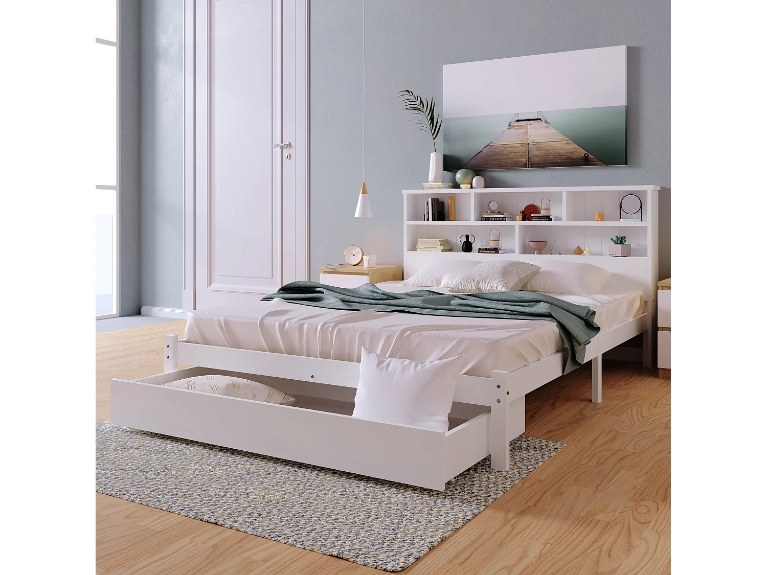 Adult bed with storage headboard + drawer + slatted base - 135x190cm - solid wood - white