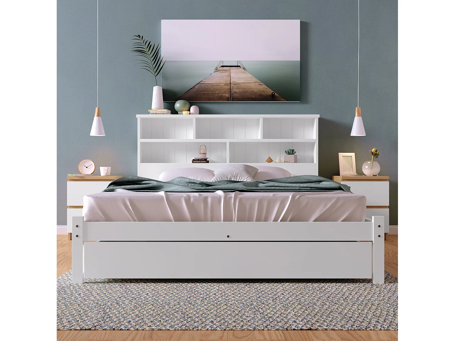 Adult bed with storage headboard + drawer + slatted base - 135x190cm - solid wood - white