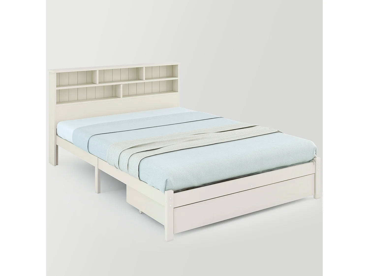 Adult bed with storage headboard + drawer + slatted base - 135x190cm - solid wood - white