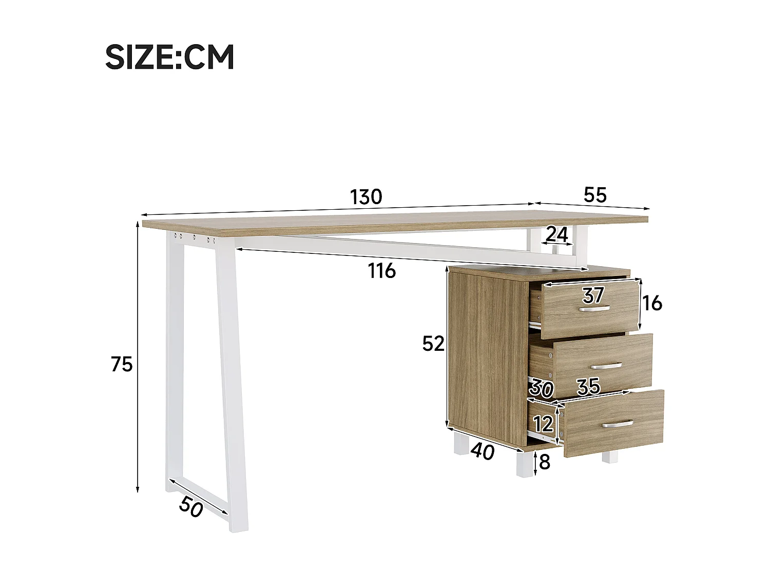 Skrivebord 130x55x75 cm - med 3 skuffer - stor træbordplade - MDF - naturtræ og hvid