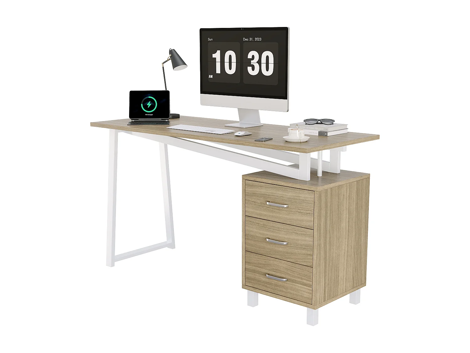 Skrivebord 130x55x75 cm - med 3 skuffer - stor træbordplade - MDF - naturtræ og hvid
