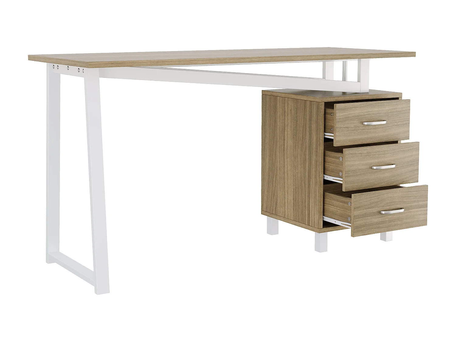 Skrivebord 130x55x75 cm - med 3 skuffer - stor træbordplade - MDF - naturtræ og hvid