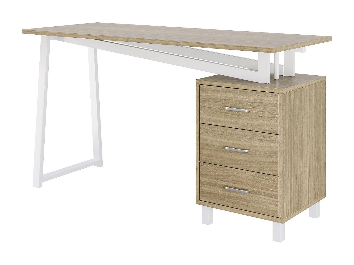 Skrivebord 130x55x75 cm - med 3 skuffer - stor træbordplade - MDF - naturtræ og hvid