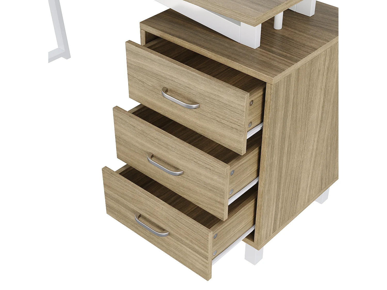 Skrivebord 130x55x75 cm - med 3 skuffer - stor træbordplade - MDF - naturtræ og hvid