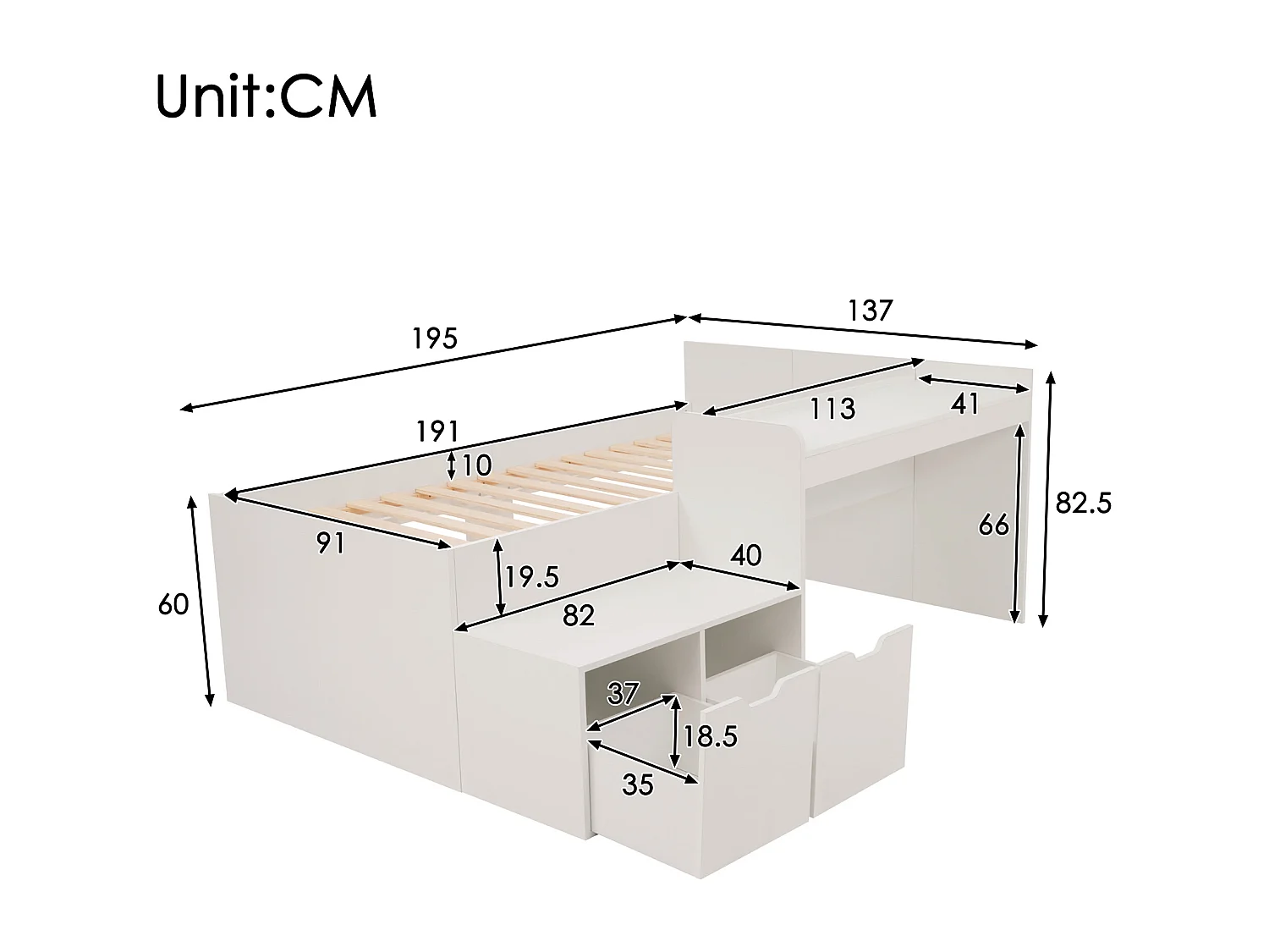 Children's wooden bed 90x190cm - with desk and drawers - with slatted base - White