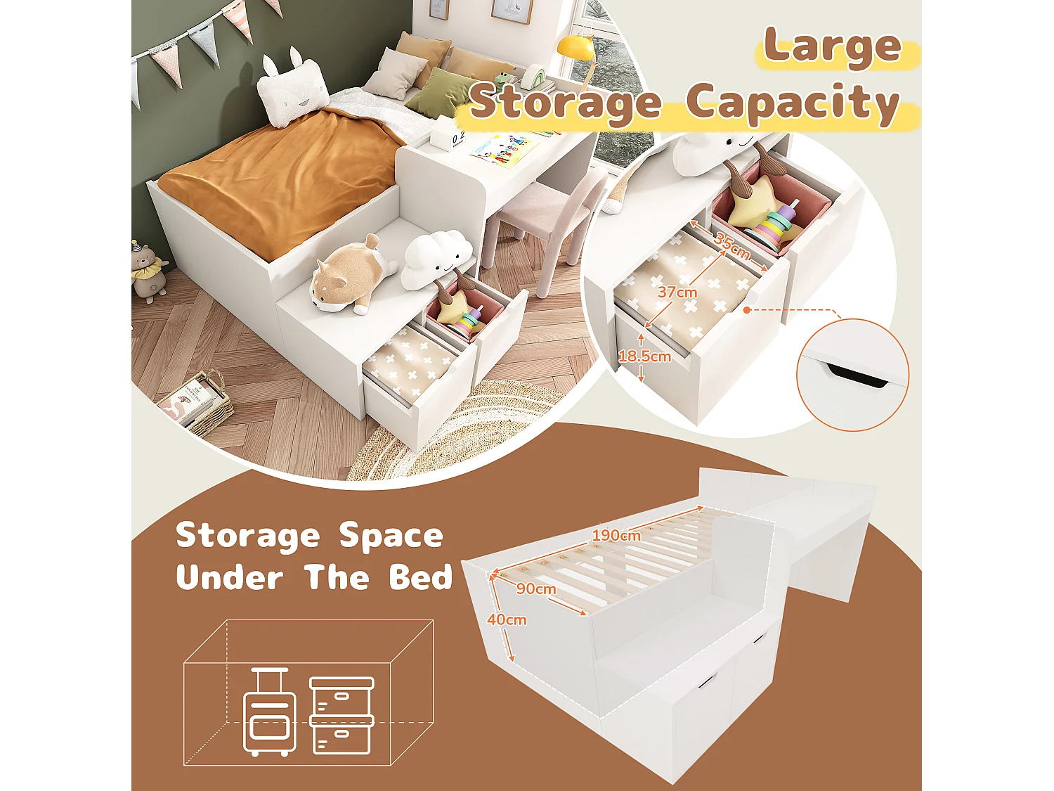 Children's wooden bed 90x190cm - with desk and drawers - with slatted base - White