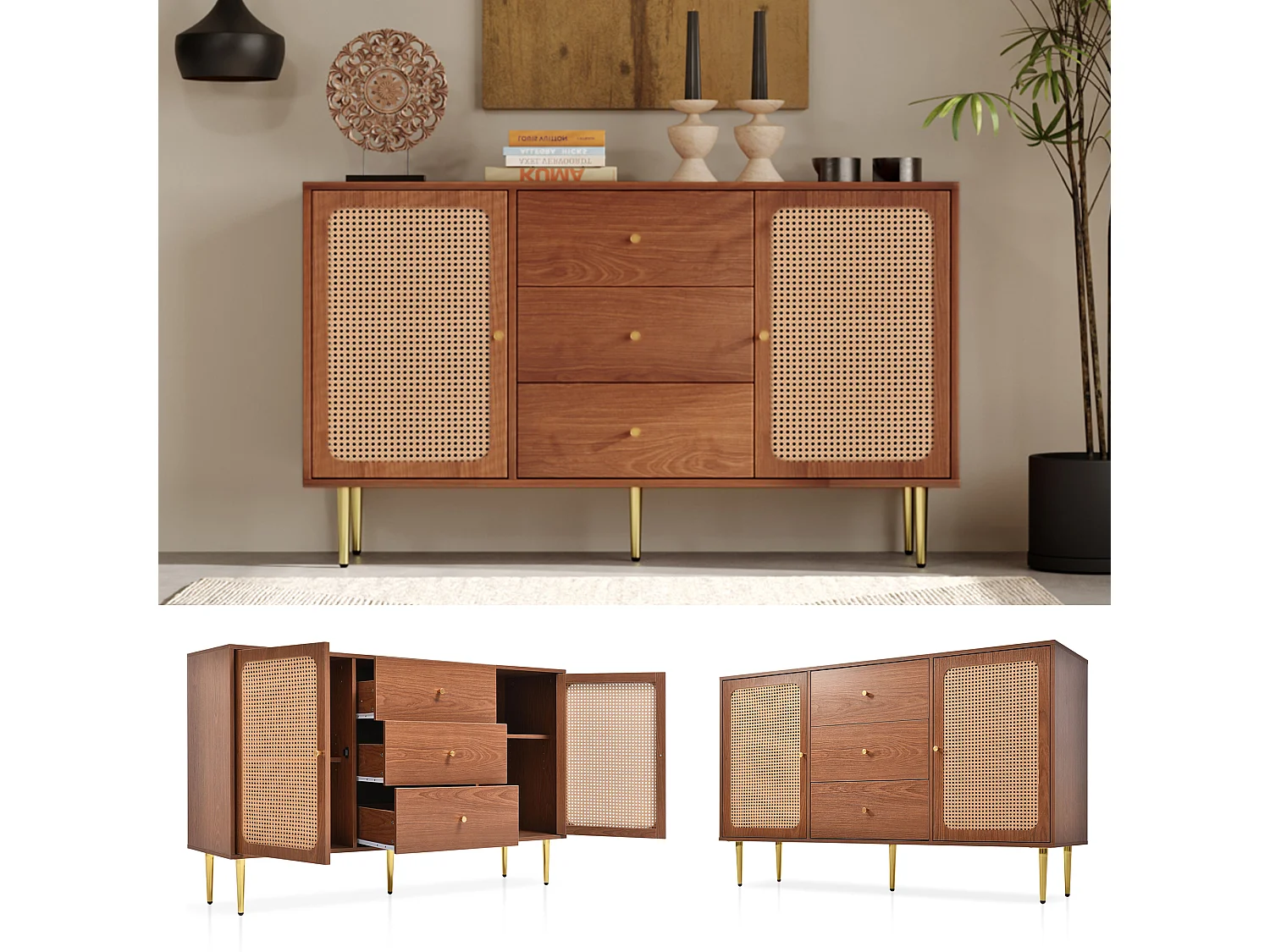 Low rattan sideboard with 3 drawers & 2 doors - brown