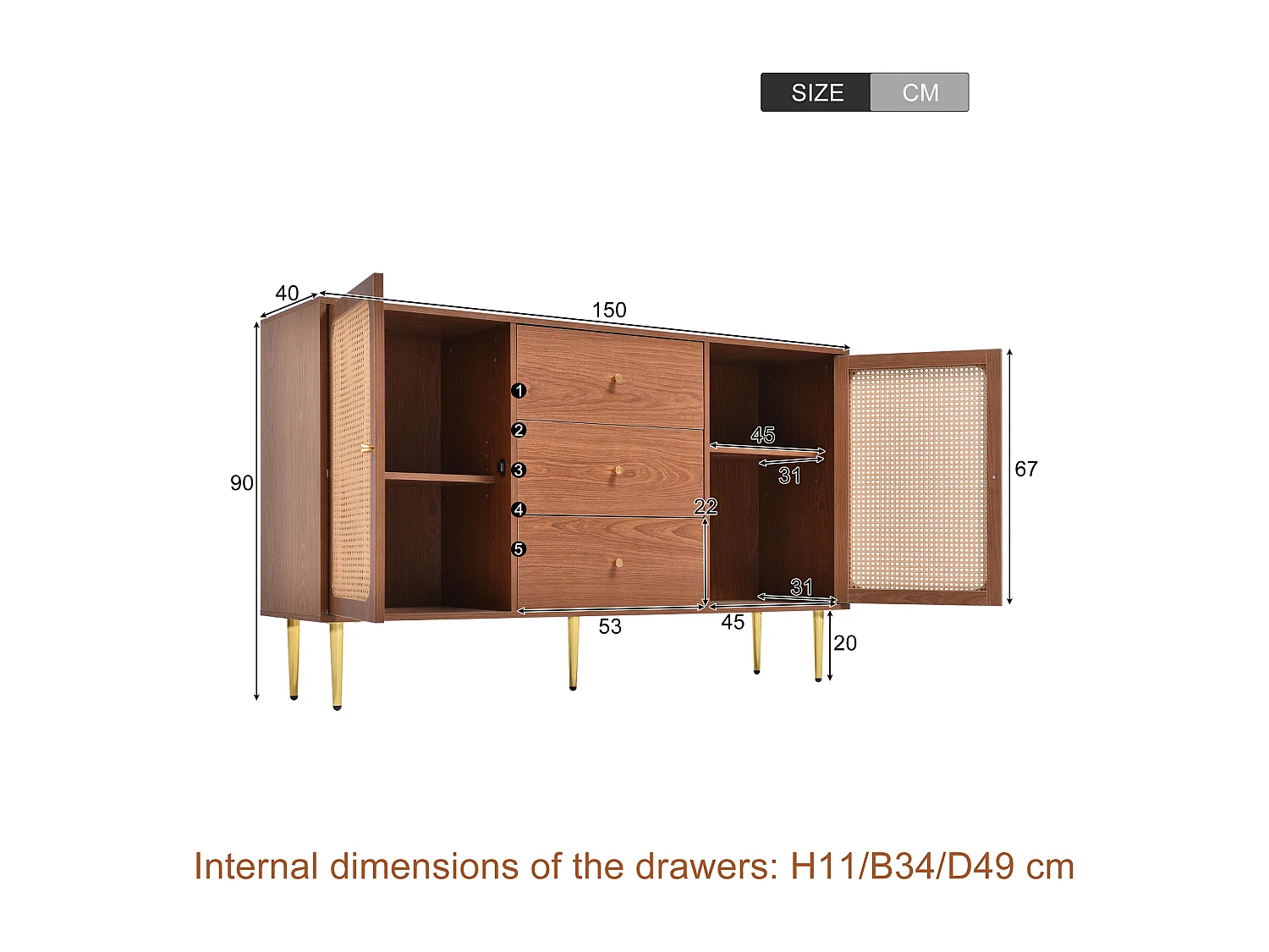 Low rattan sideboard with 3 drawers & 2 doors - brown