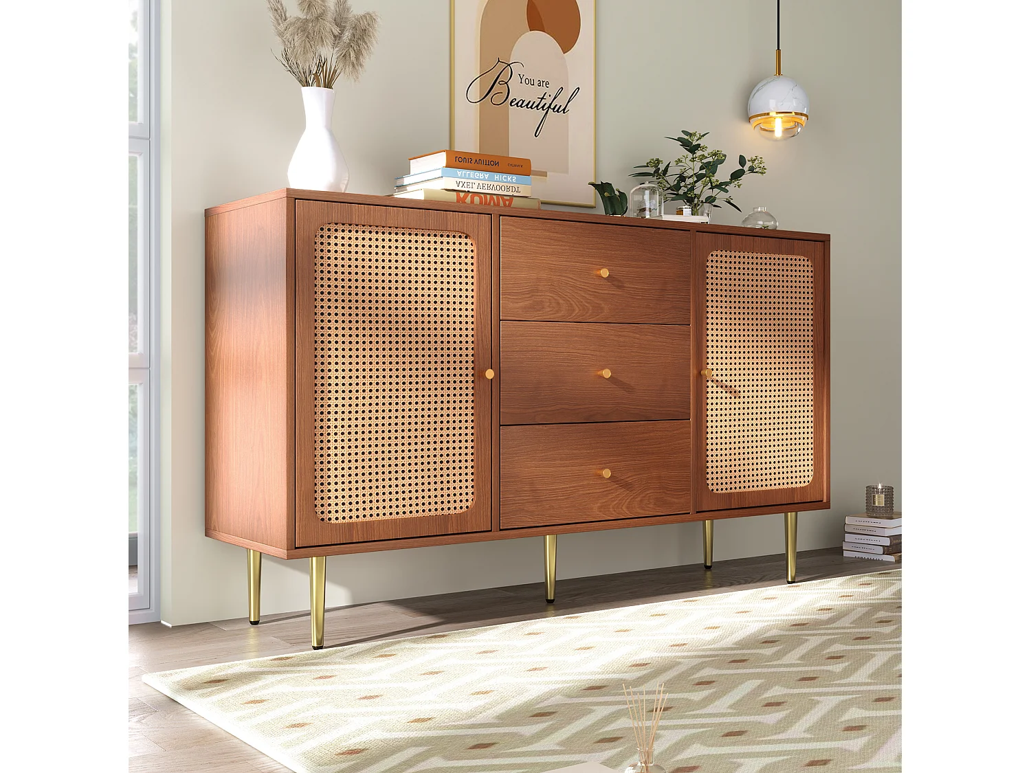 Low rattan sideboard with 3 drawers & 2 doors - brown