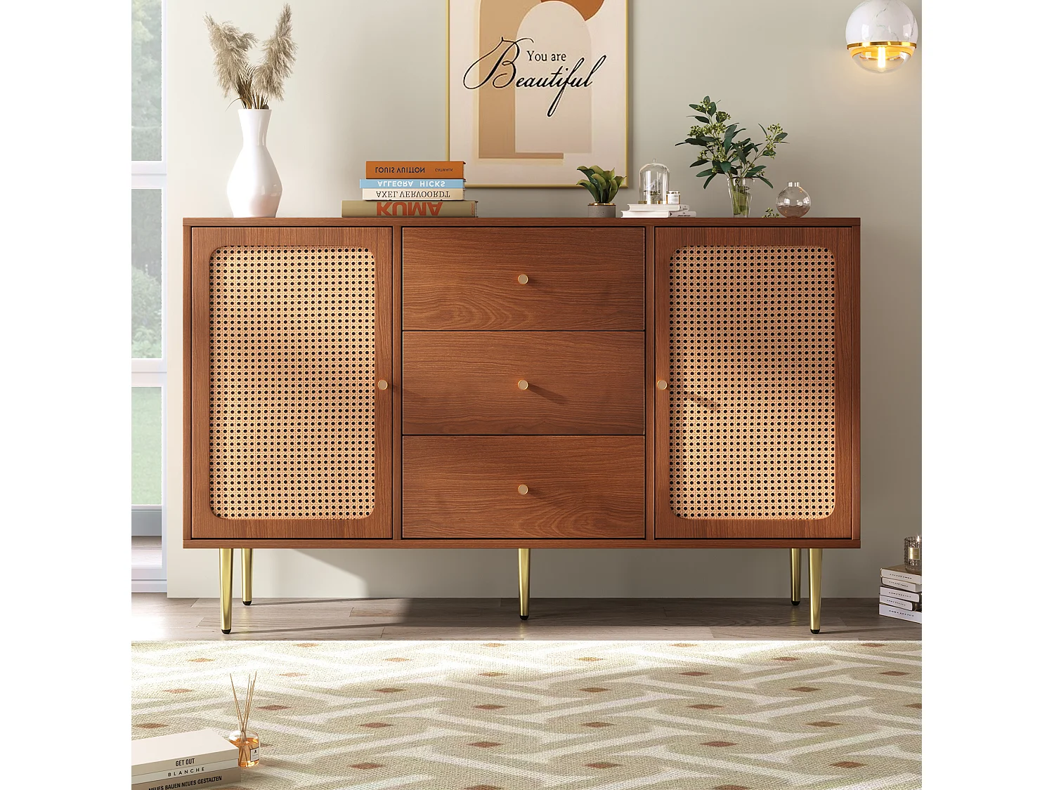 Low rattan sideboard with 3 drawers & 2 doors - brown